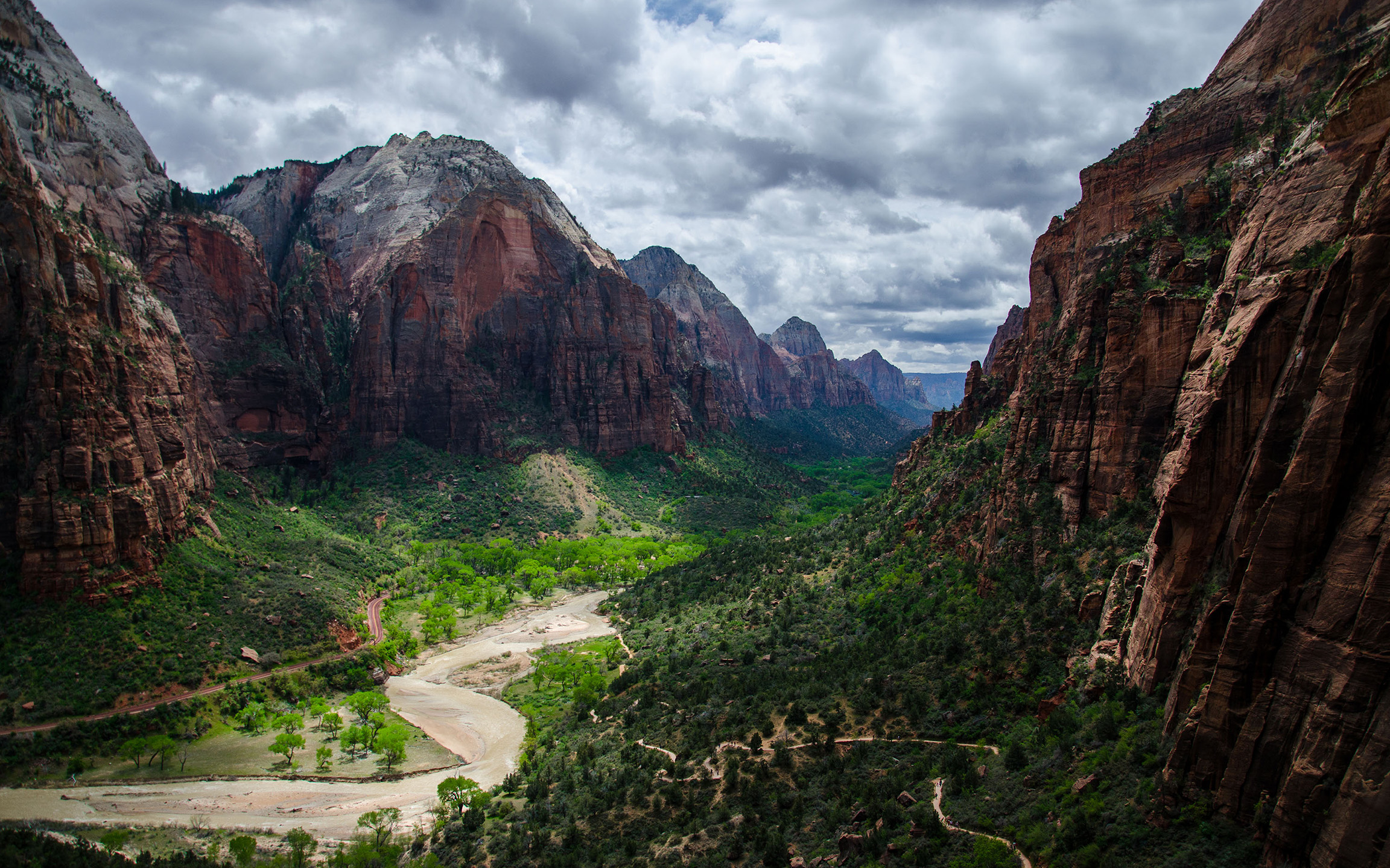 cloudy day from angels landing trail overlooking the virgin river